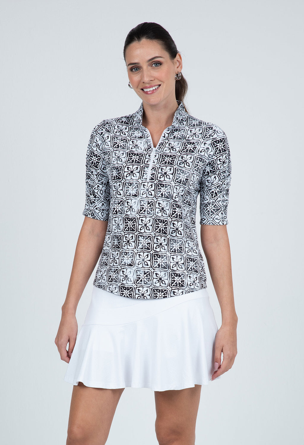 Kathy Print Ruched Elbow Length Sleeve Top – 41871
